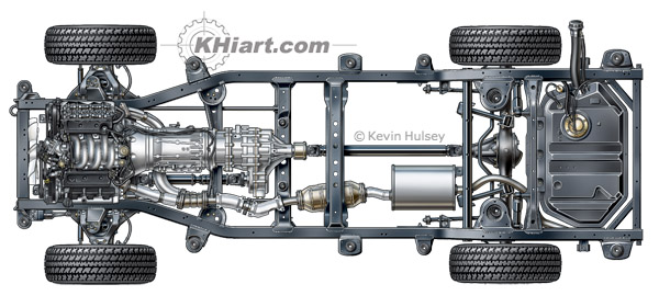 Aerial top view of SUV chassis