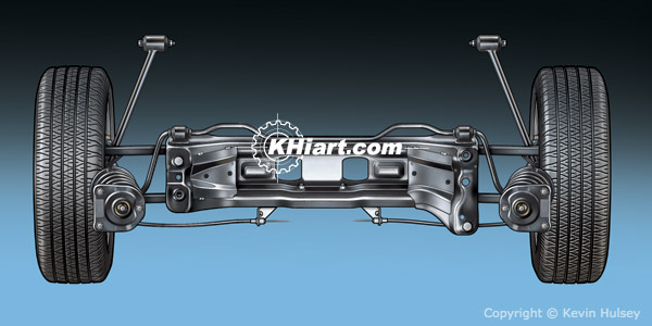 Top view of a car sub-frame rear suspension