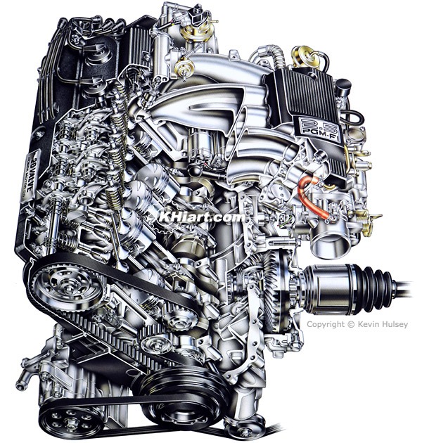 Five cylinder car engine cutaway
