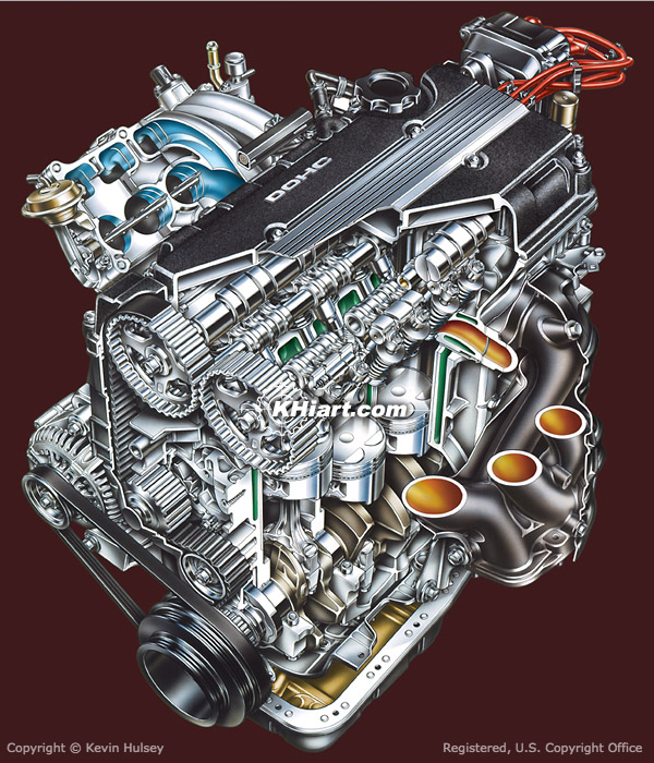 Four cylinder car engine cutaway