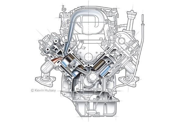 Sectioned V8 engine cutaway